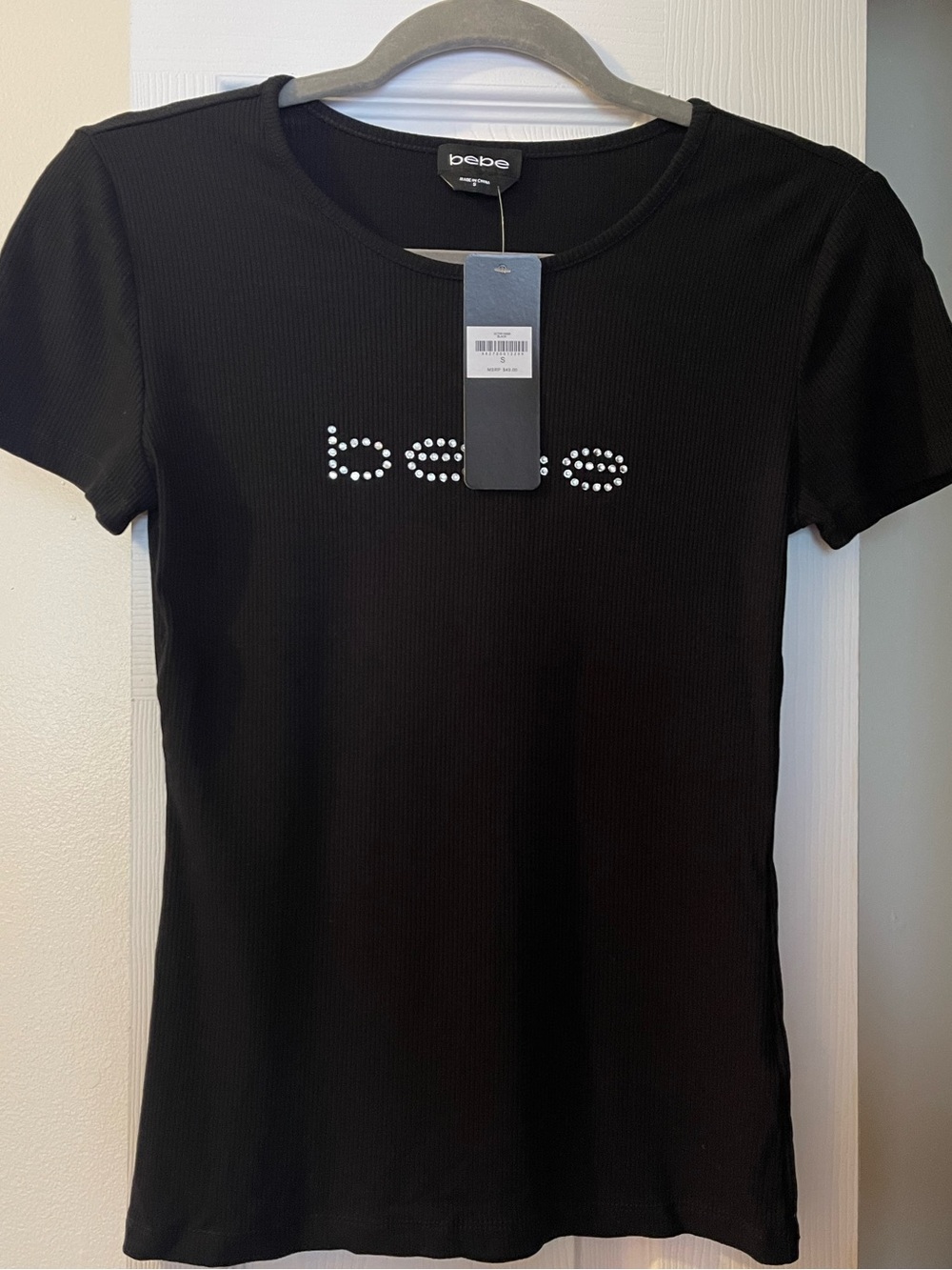 bebe Black Short-Sleeve Ribbed Tee with Crystal Logo